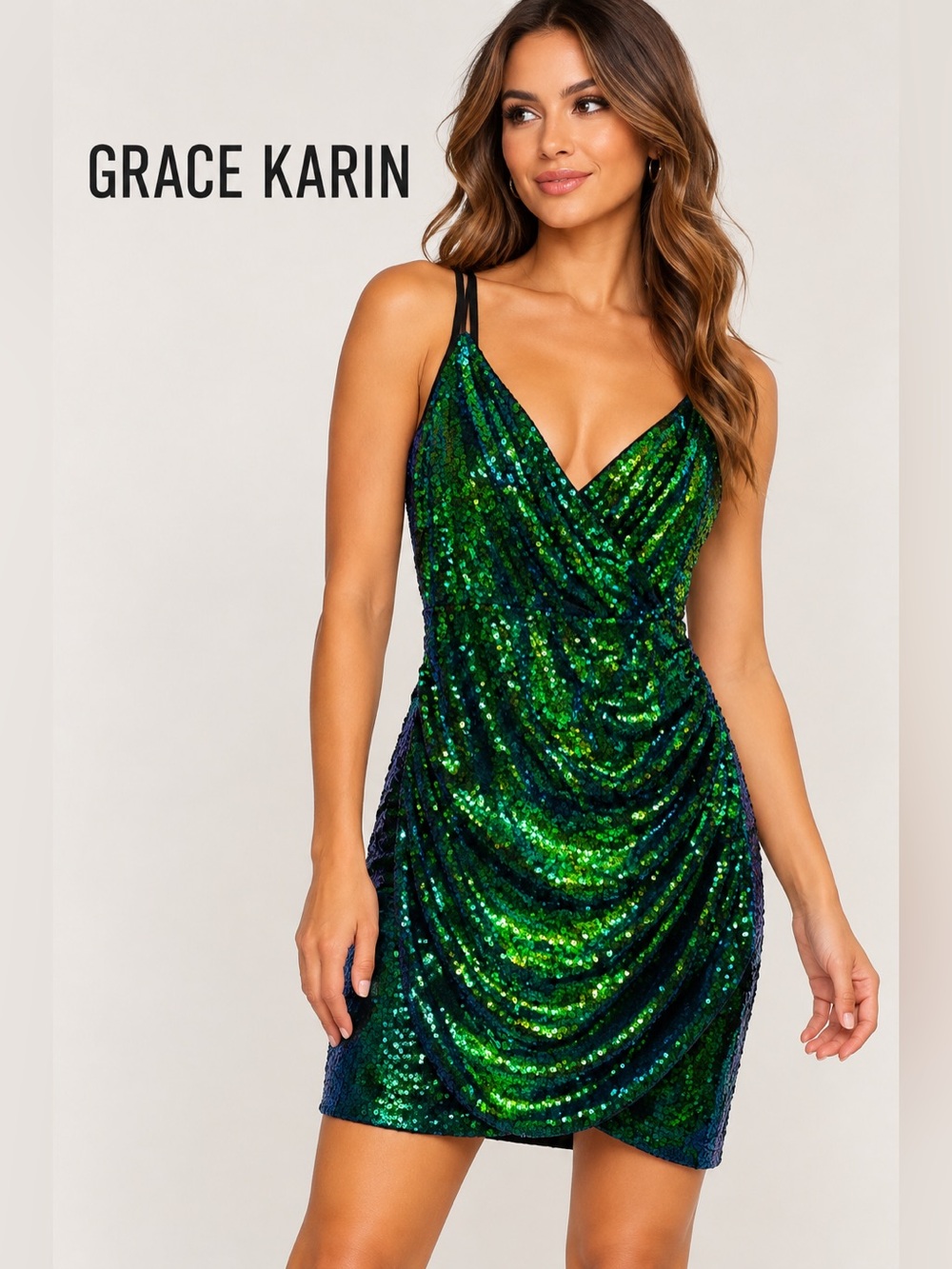 Grace Karin Green Sequin Ruched Bodycon Mini Dress Size M